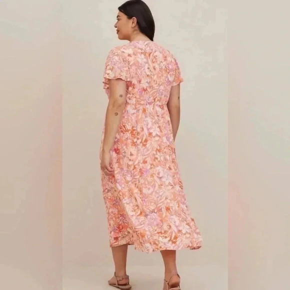 Torrid Lace Up Tea Length Dress Crinkle Floral Coral Plus Size 2X Midi Dress - Picture 3 of 6